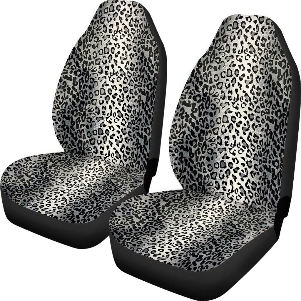 Universal fit cow spot leopard print retro style car seat cover set for front seats.
