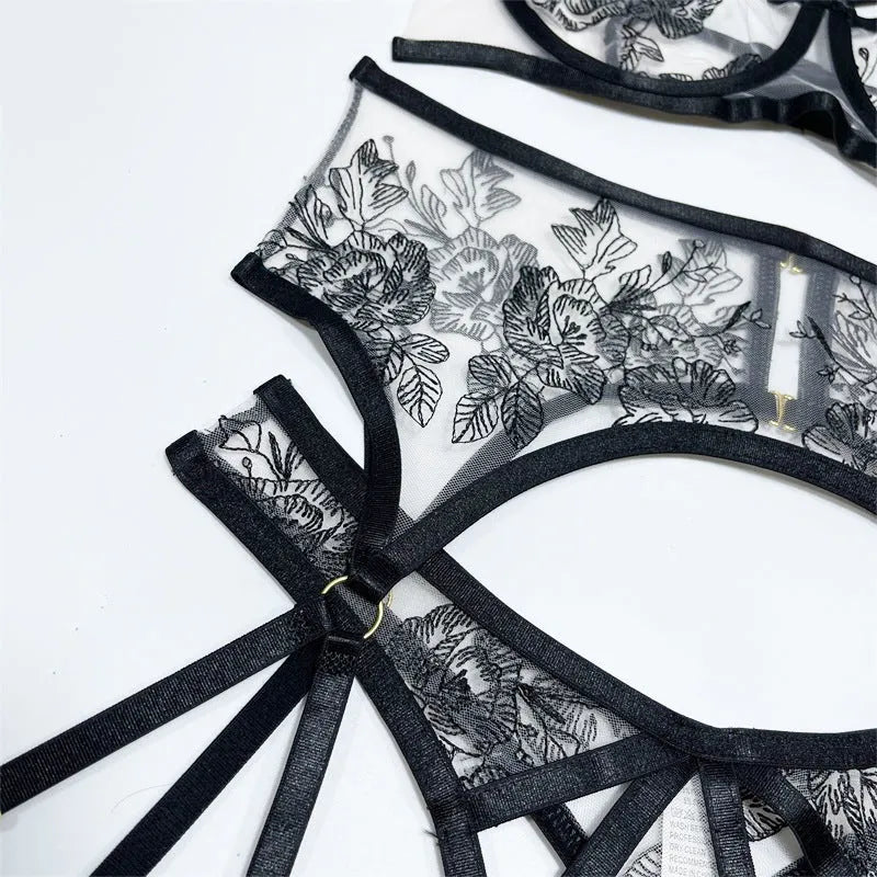 Black lace mesh floral print women's three-piece set with top, pants, and waist ring.