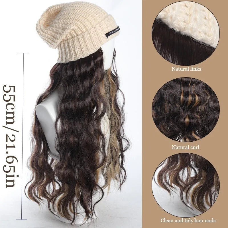 Hat wig with knitted hat and long curly high temperature fibre synthetic hair for ladies