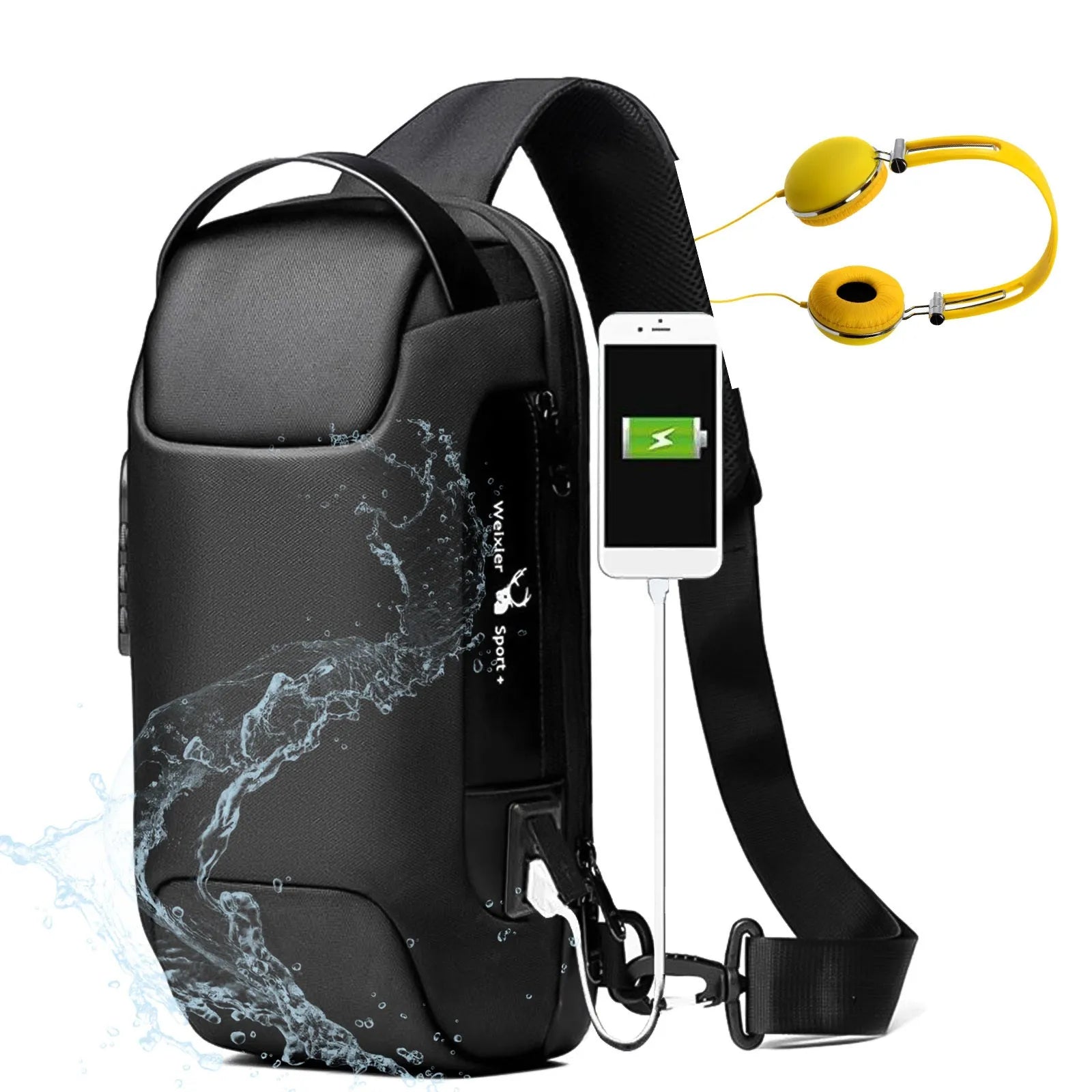 Black waterproof Oxford cloth crossbody bag with a shoulder strap, showing a USB port and multiple compartments.