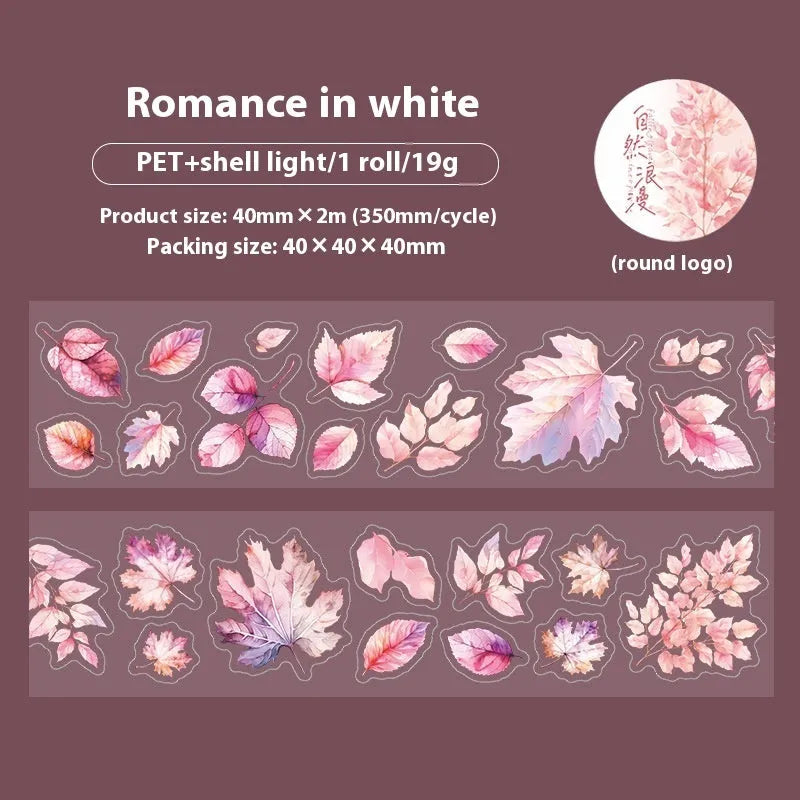 PET decorative sticker roll showing six leaf patterns including ginkgo and maple designs for craft projects