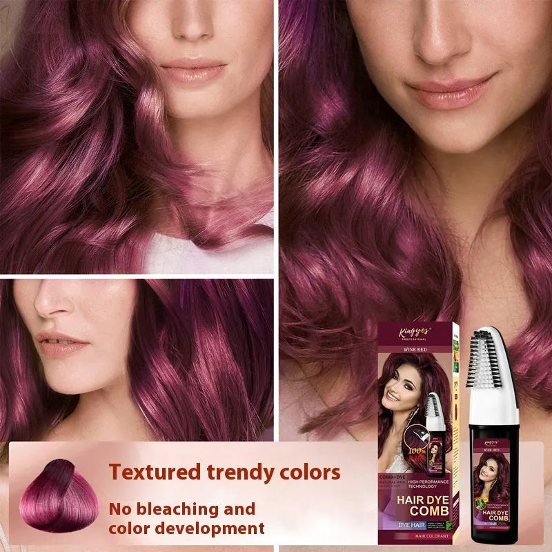 Hair dye kit showing Brown, Wine Red and Dark Brown 200ml bottles with comb applicator
