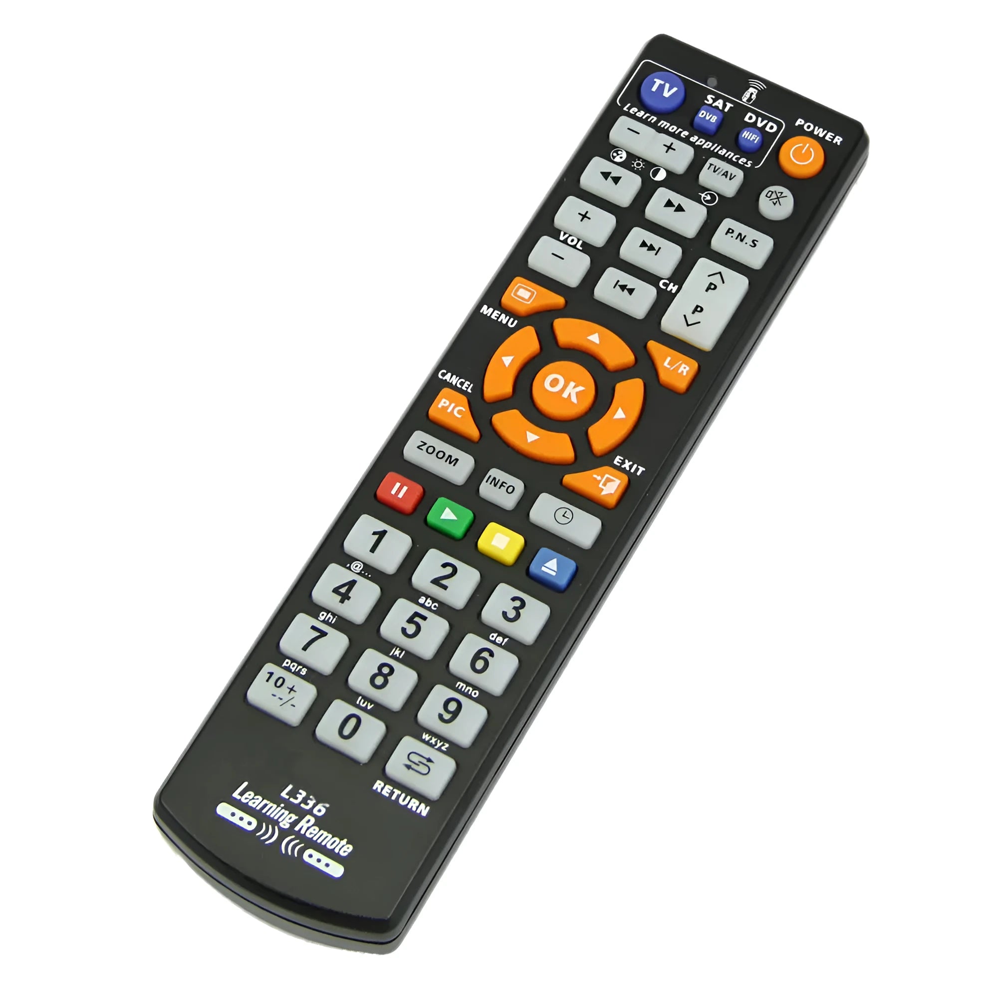 Black L336 learning remote control with full key programming and 8 metre infrared range