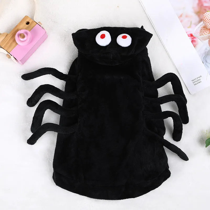 Spider pattern Halloween costume for a dog, shown in size small, medium, or large.