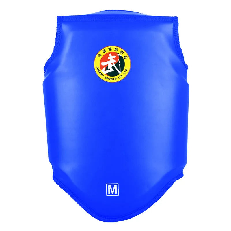 Red boxing helmet with matching chest protector for training and competition