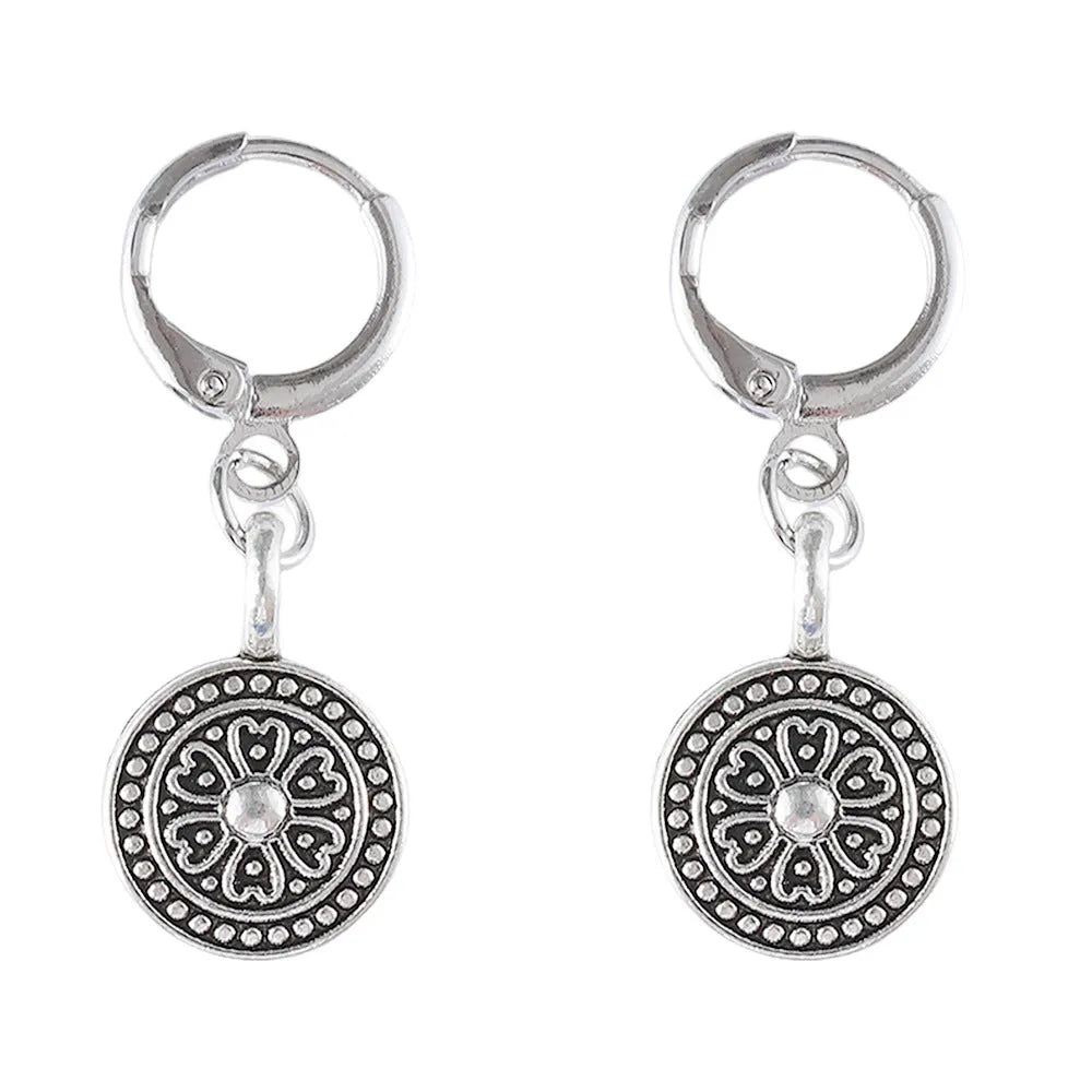 Bohemian style geometric earrings with distressed round print ethnic designs