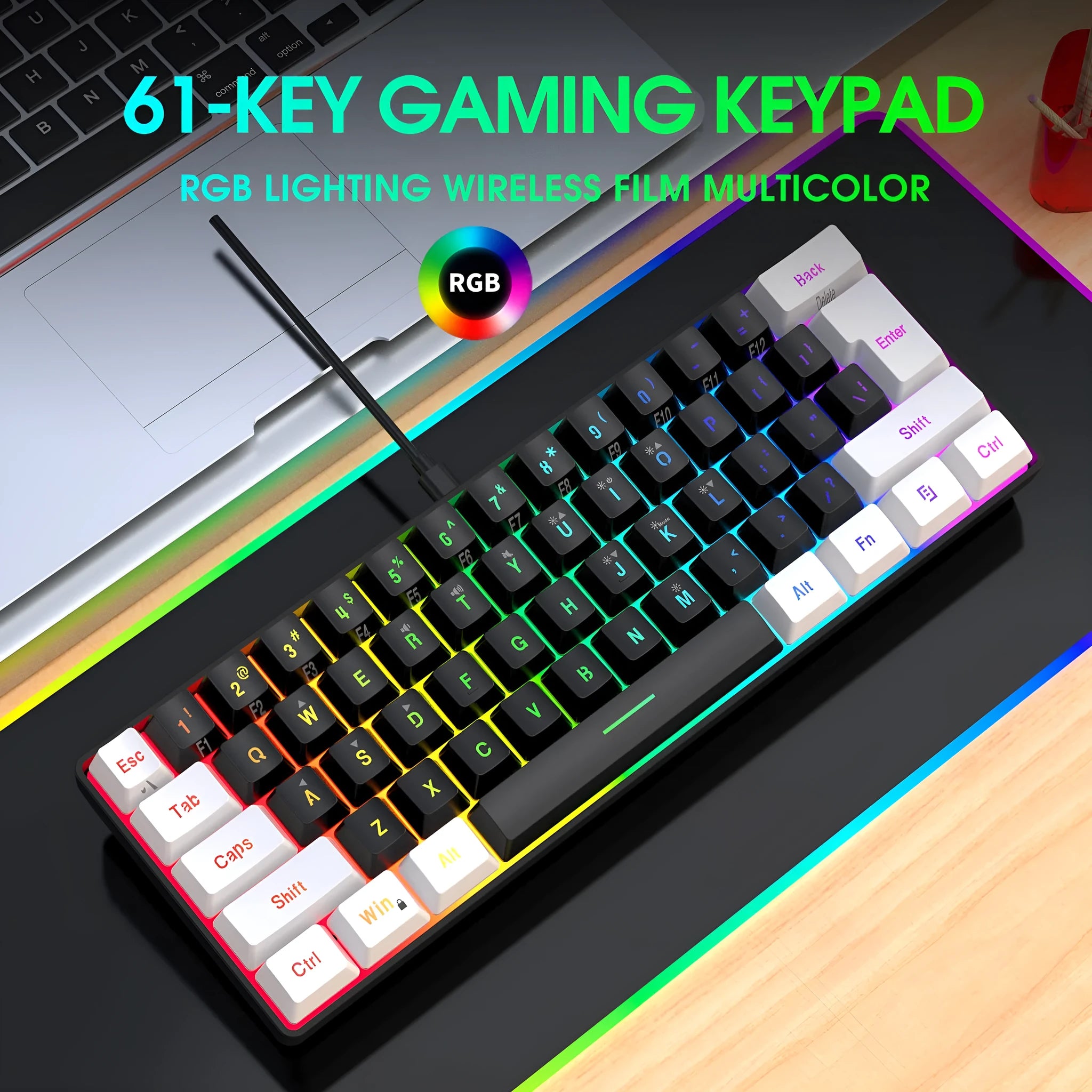 Simple wired 61-key USB membrane keyboard in multiple colour options including white and black