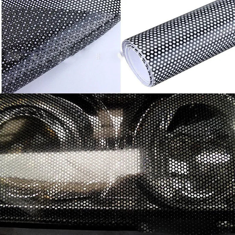 Perforated automotive colour change vinyl film sheet measuring 30cm by 106cm.