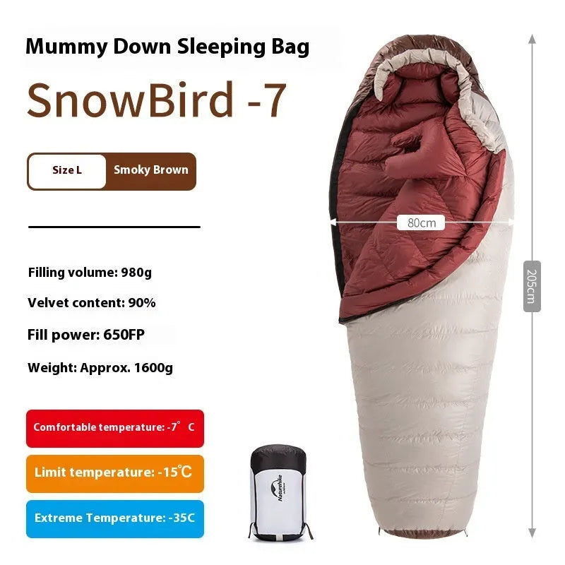 Snowbird goose down mummy sleeping bag in snowbird colour with storage bag.