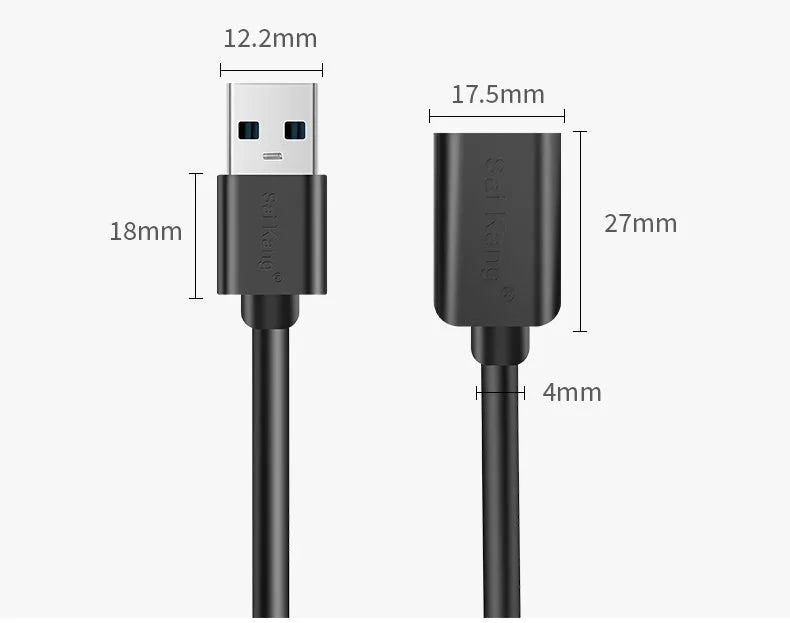 Black USB extension cable with male and female connectors, shown at various lengths up to 5 metres.