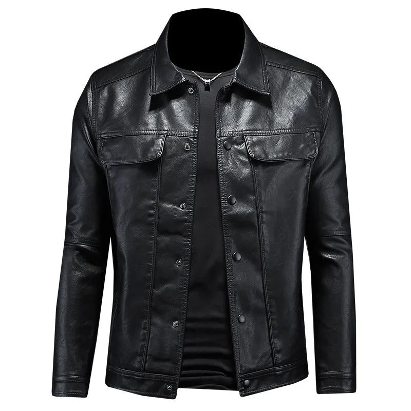 Men's long-sleeved lapel motorcycle PU leather coat in black, regular fit, bag cover slit pockets