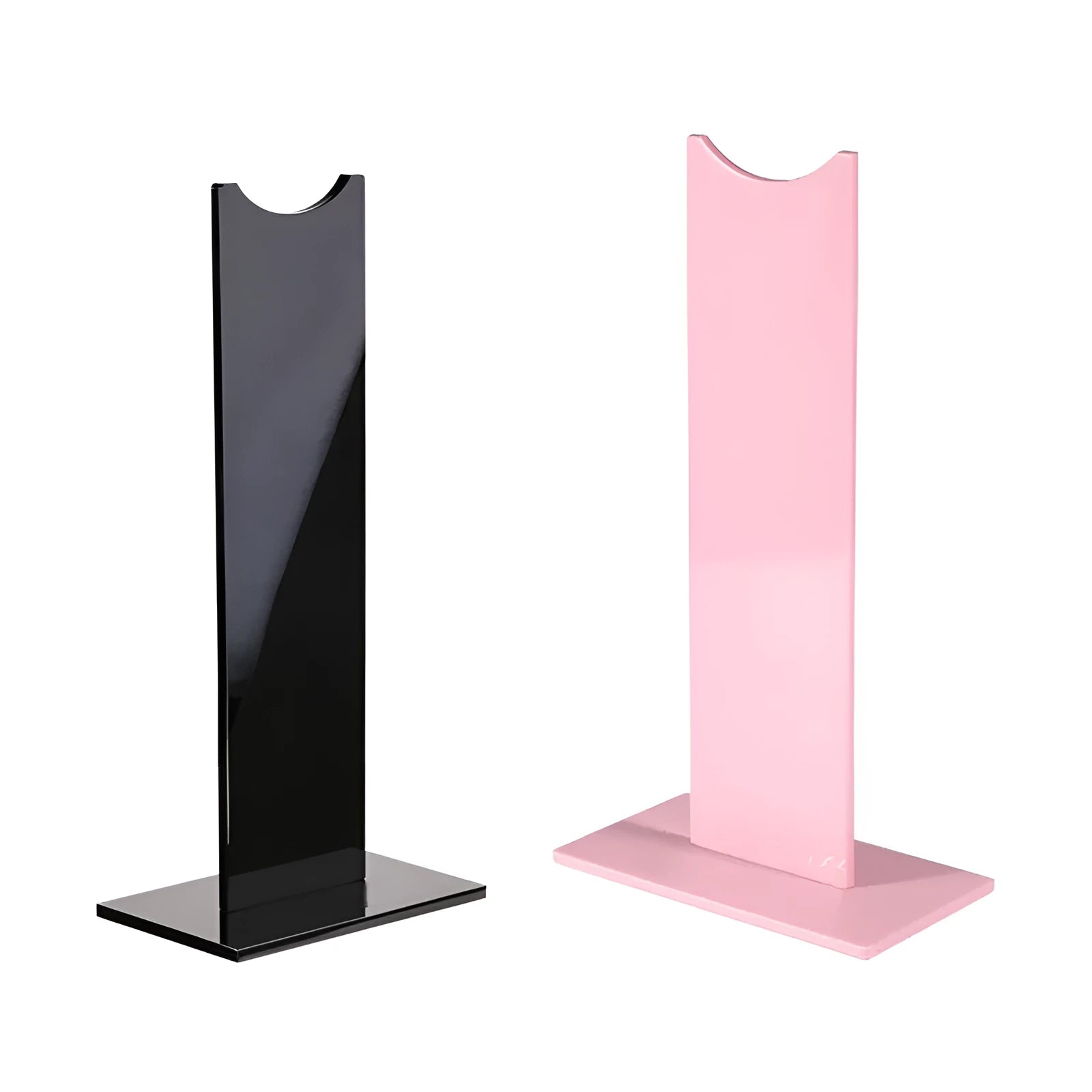 Pink detachable gaming headset stand with non-slip base on a desk, showing its disassembled parts.