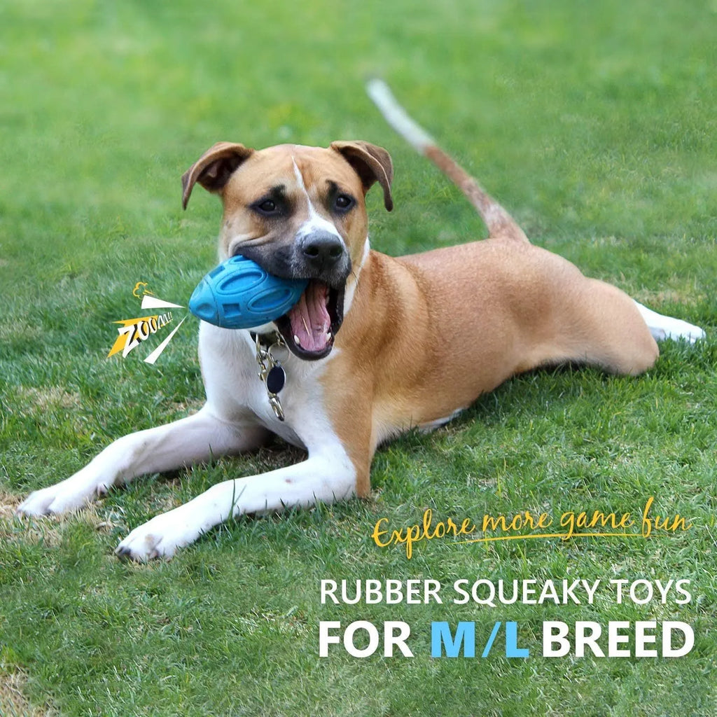 Blue natural rubber squeaky dog chew ball with grooved surface, for medium and large breeds.