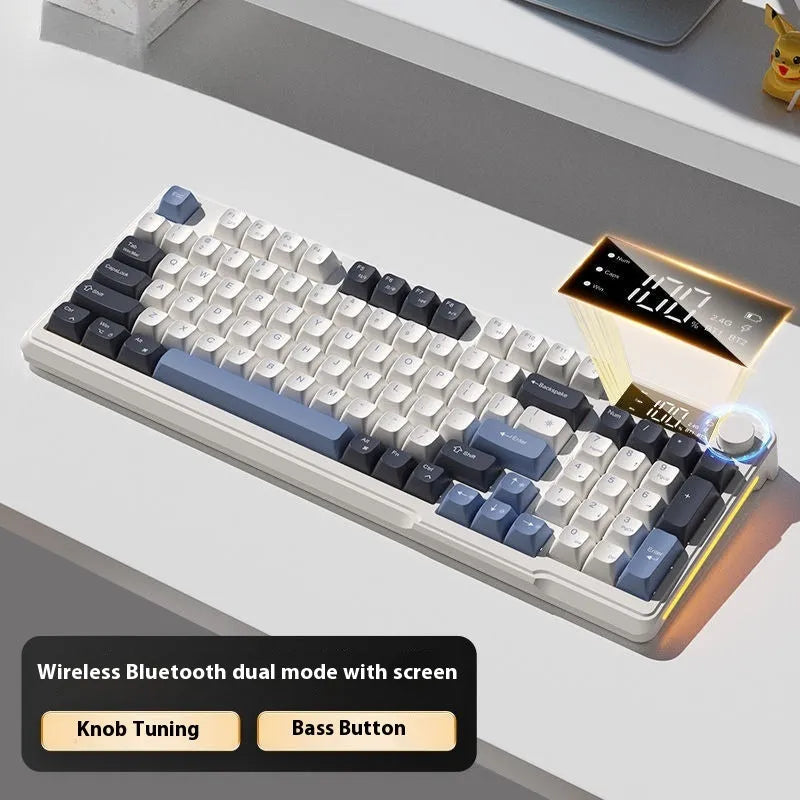 Blue and white wireless mechanical-feel keyboard and mouse set on a wooden desk