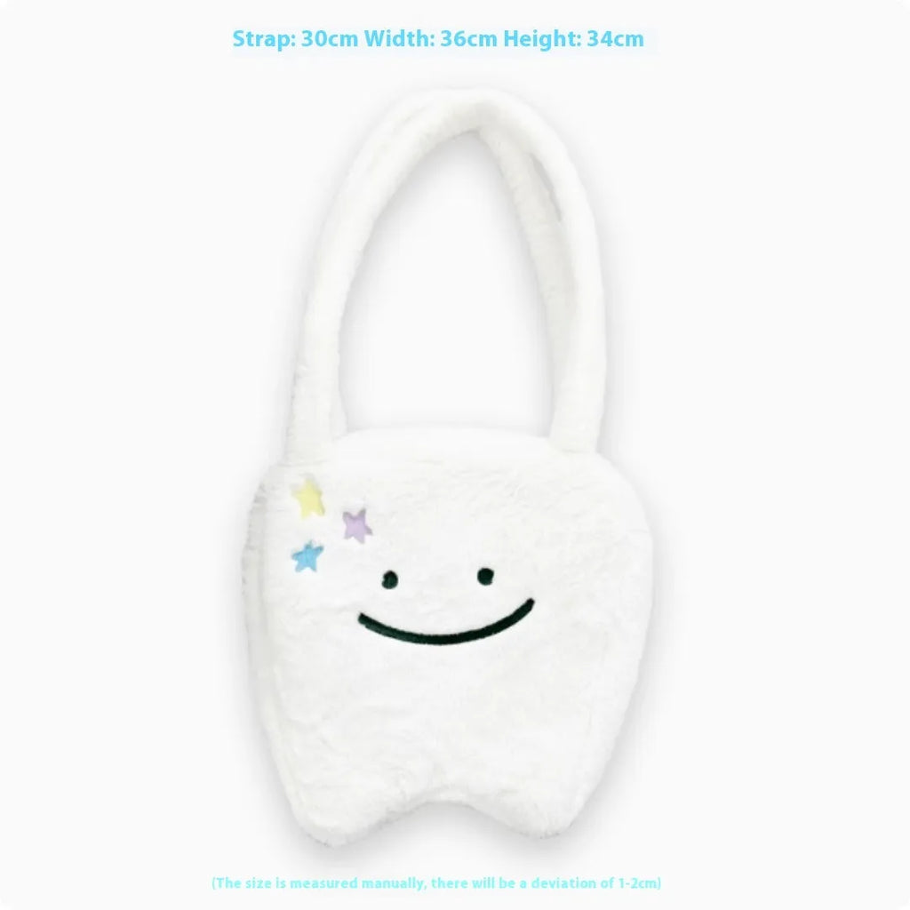 White crossbody shoulder bag with plush large tooth pattern and zipper closure