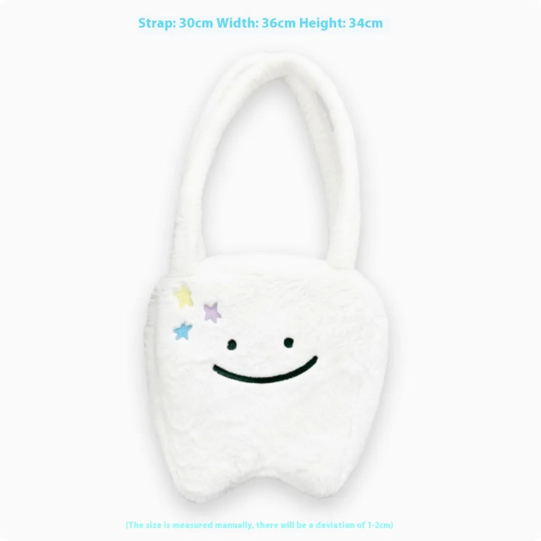 White crossbody shoulder bag with plush large tooth pattern and zipper closure