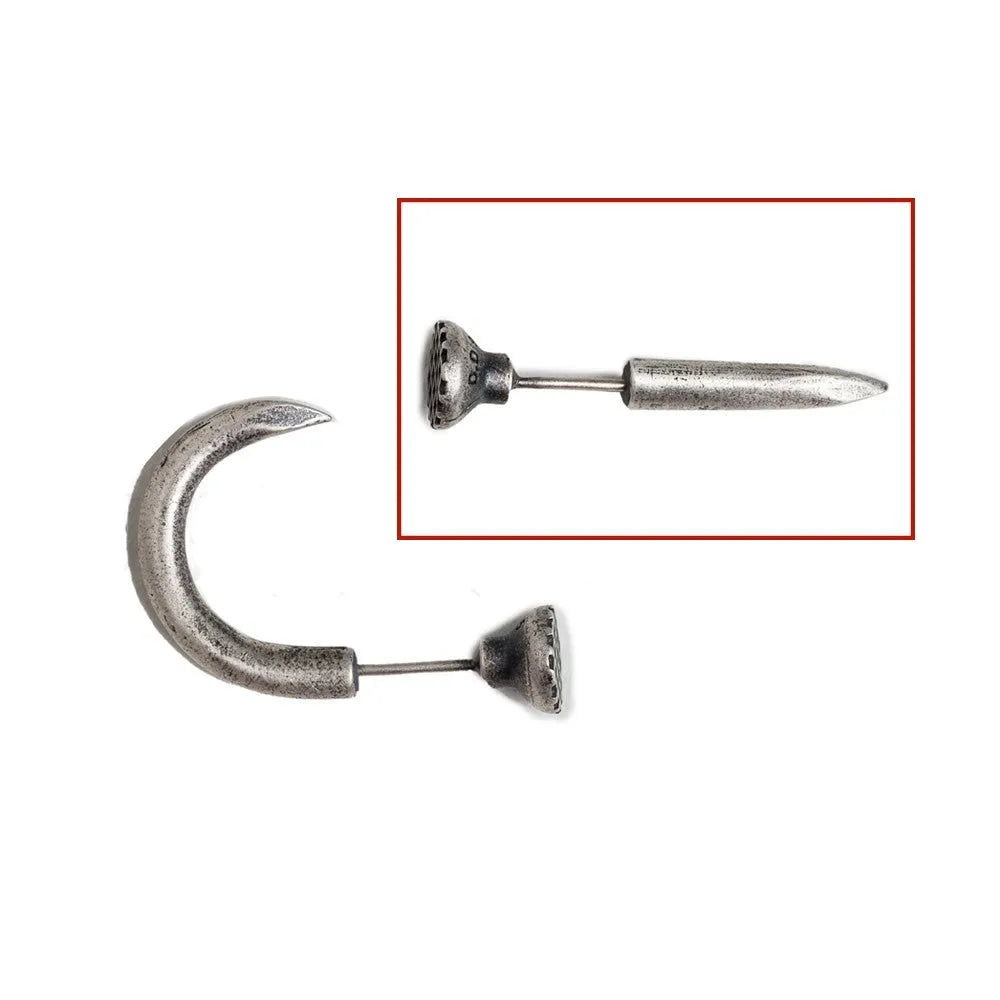 S925 sterling silver punk nail stud earring on ear hook, shown in straight and curved nail styles.