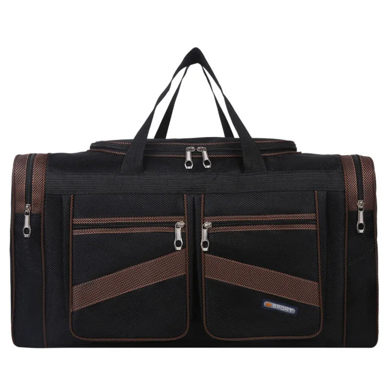 Foldable large capacity tote travel bag in Oxford cloth with zipper opening and soft handle, available in blue, grey, khaki, red