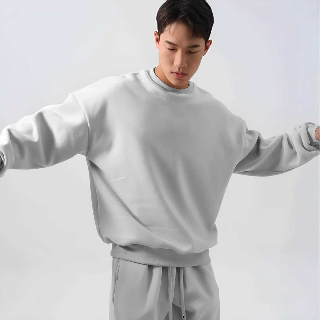 Men's polar fleece suit set showing crew neck jacket and padded trousers in five winter colour options