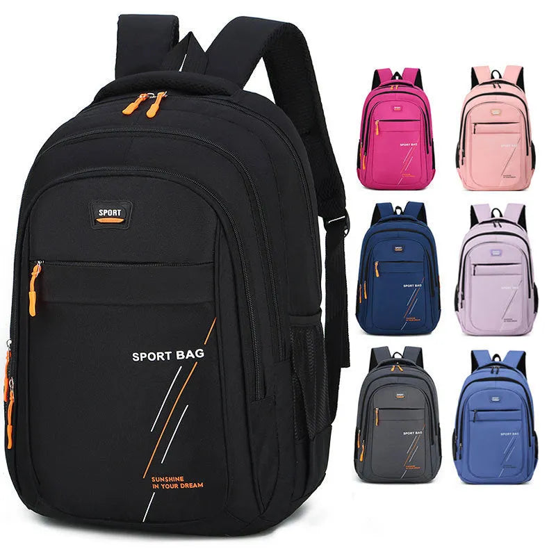 Fashion sports backpack in solid colour with letters, PVC body, polyester lining, 36-55L capacity, curved shoulder strap.