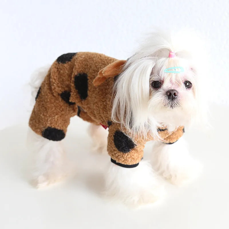 Polka dot pattern pet clothing showing skirt dress and four-legged jumpsuit styles for cats and dogs