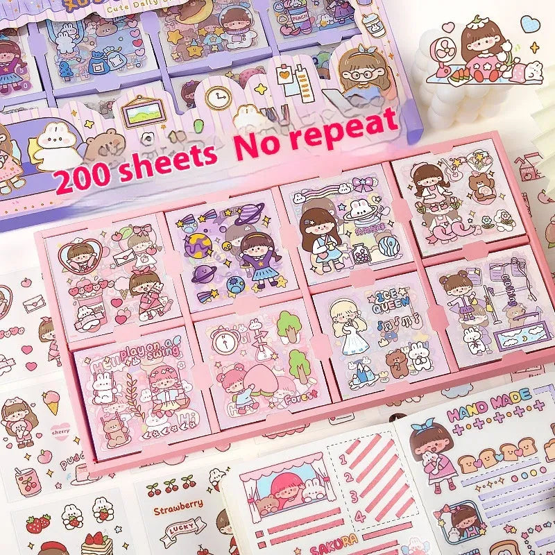 Children's sticker notebook box showing five colourful themes: Cute Meatballs, Peach Tea Party, Star Team, Nini Diary