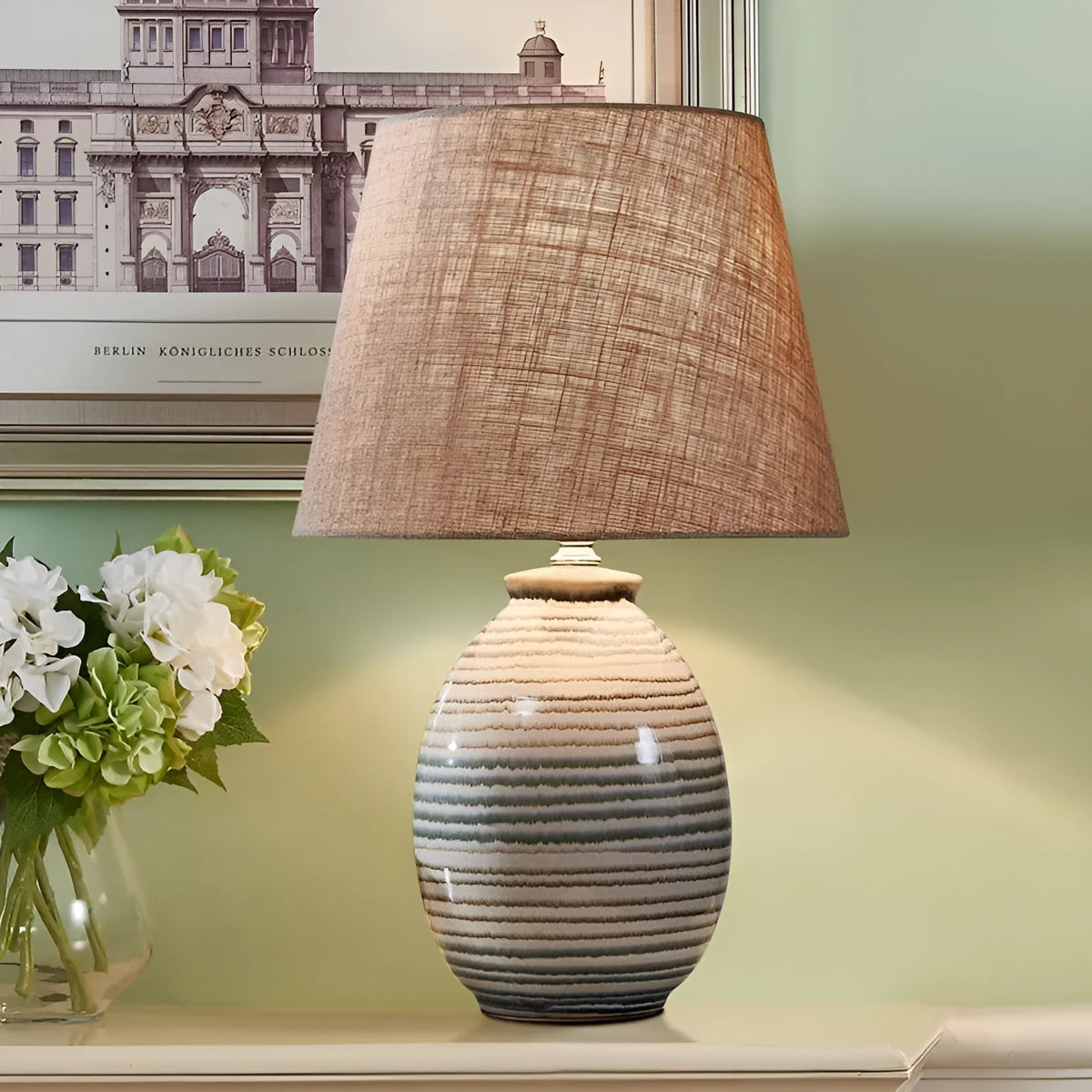 Chinese modern minimalist ceramic table lamp in beige or white for bedroom bedside or desk use