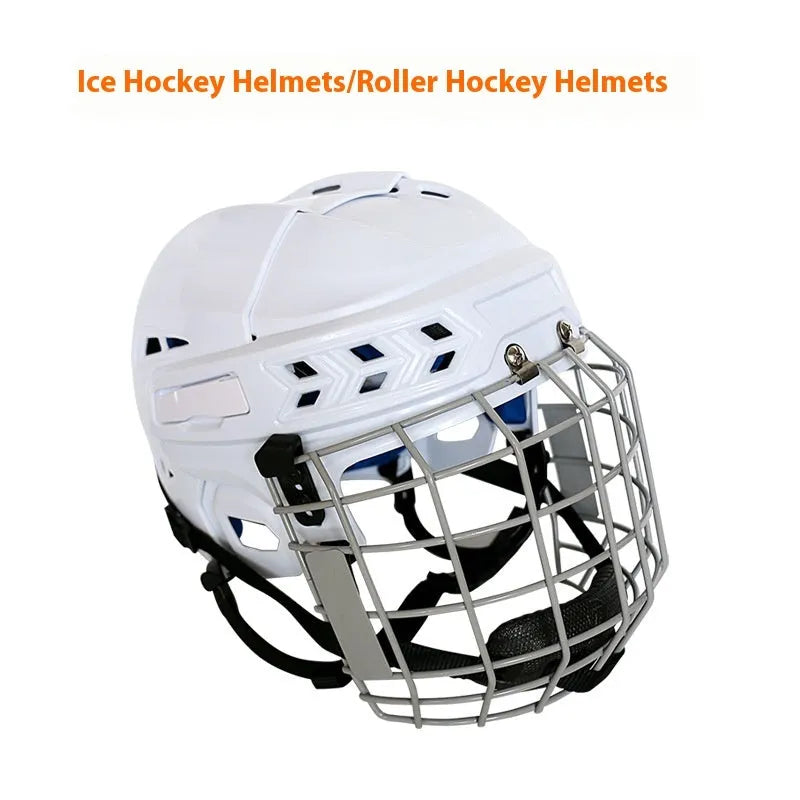 Adult ice hockey helmet with a carbon steel face mask, shown in S/M/L/XL sizes.