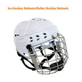 Adult ice hockey helmet with a carbon steel face mask, shown in S/M/L/XL sizes.