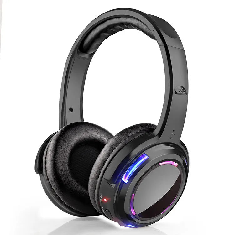 Black silent disco wireless headphones with over-ear design and built-in microphone