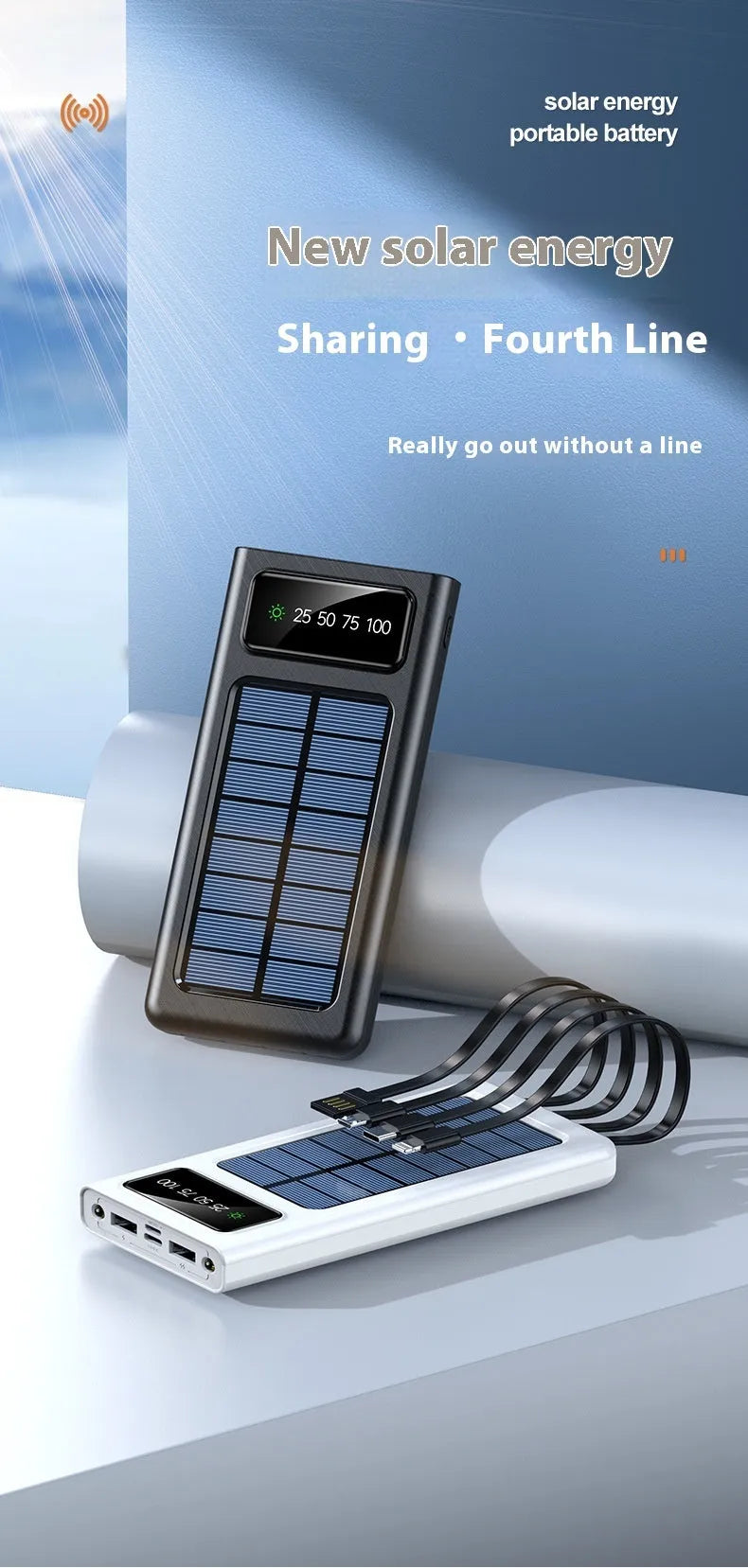 Black solar power bank with 20000mAh capacity and built-in charging cable for mobile phones