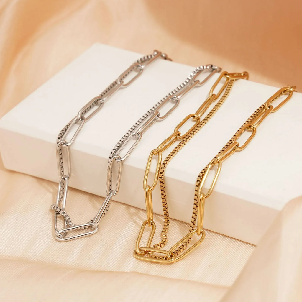 Double layer titanium steel bracelet with geometric line design in gold or silver colour