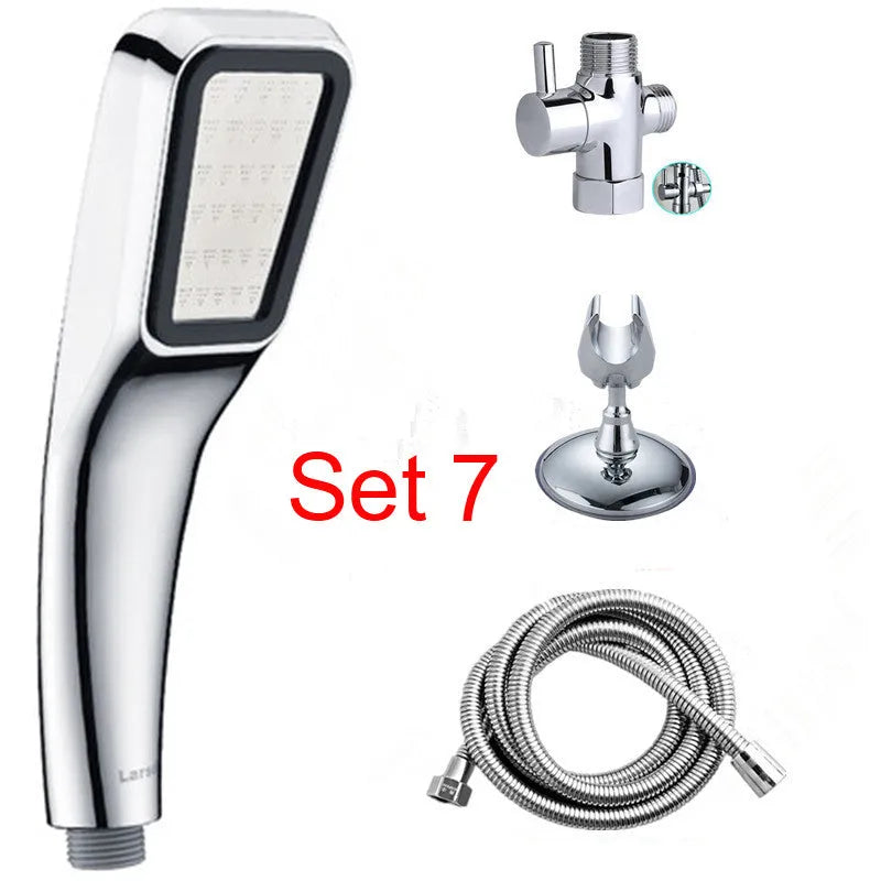 Orange hand-held pressurised shower set with rain function shower head and multiple components