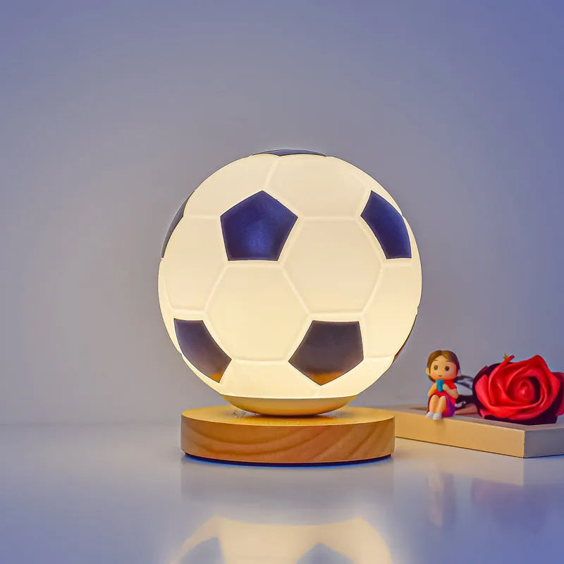 Football LED small night lamp with glass shade, USB plug-in, black and white or wooden frame option