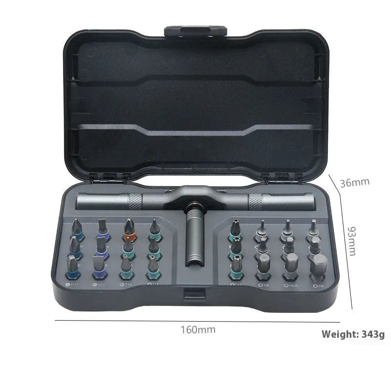 24-in-one ratchet screwdriver set with S2 CRV cutter head, 140mm nickel-chromium steel bar, and magnetic tip