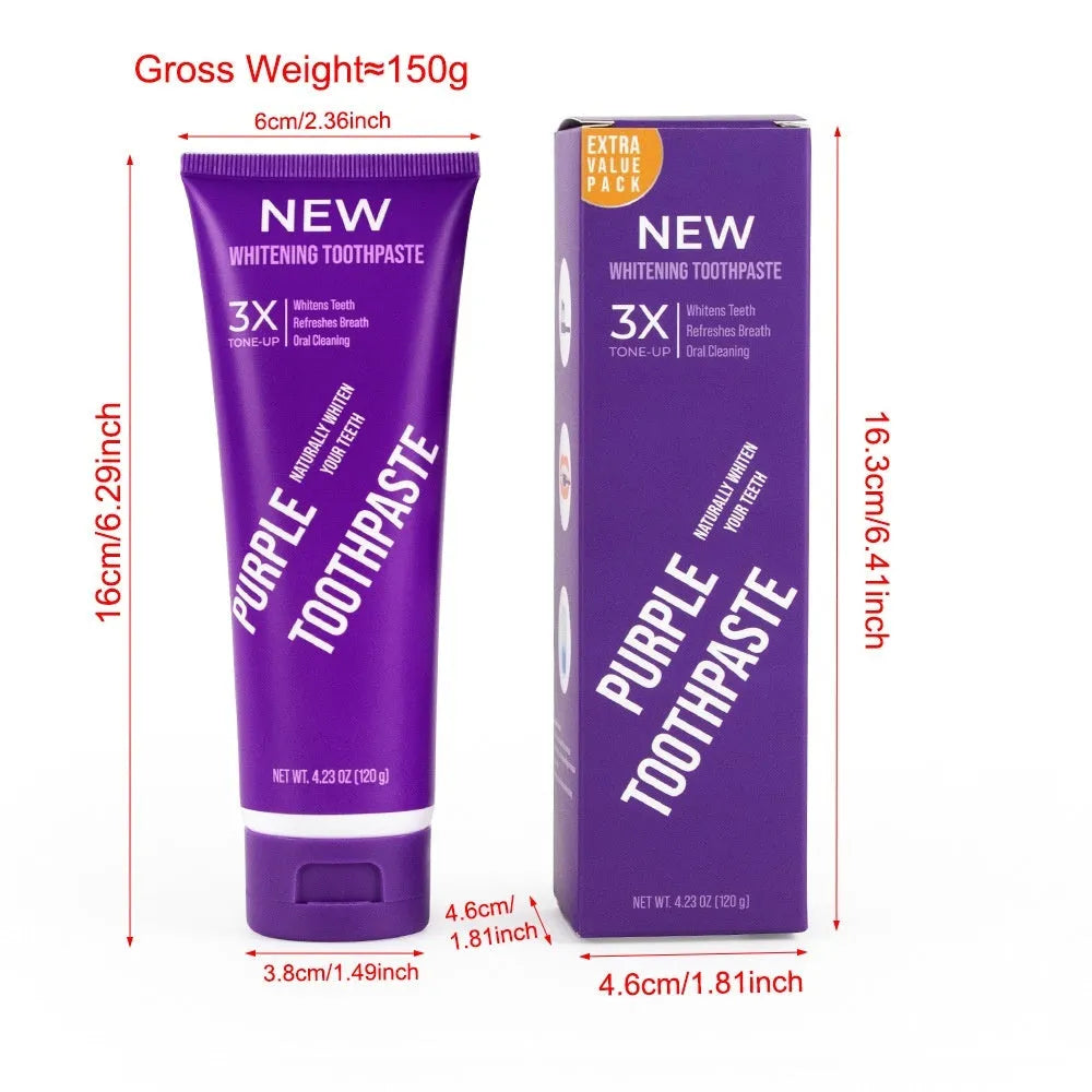 Purple whitening toothpaste tube for adults in 120g and 65g sizes to remove yellow stains