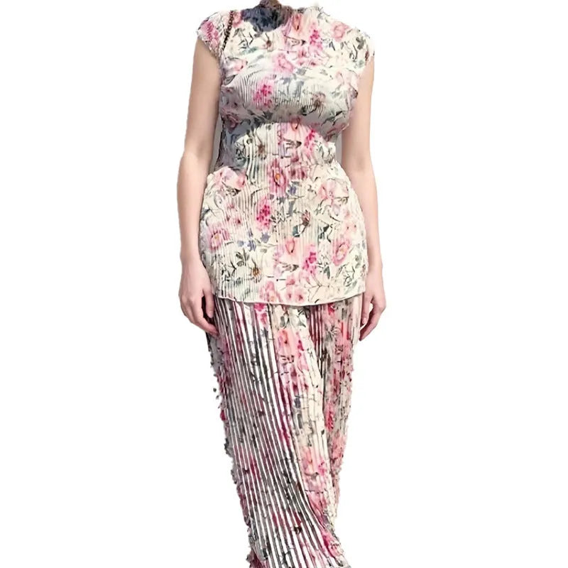 Women's long sleeve printed chiffon dress set with high-waist skirt on a mannequin