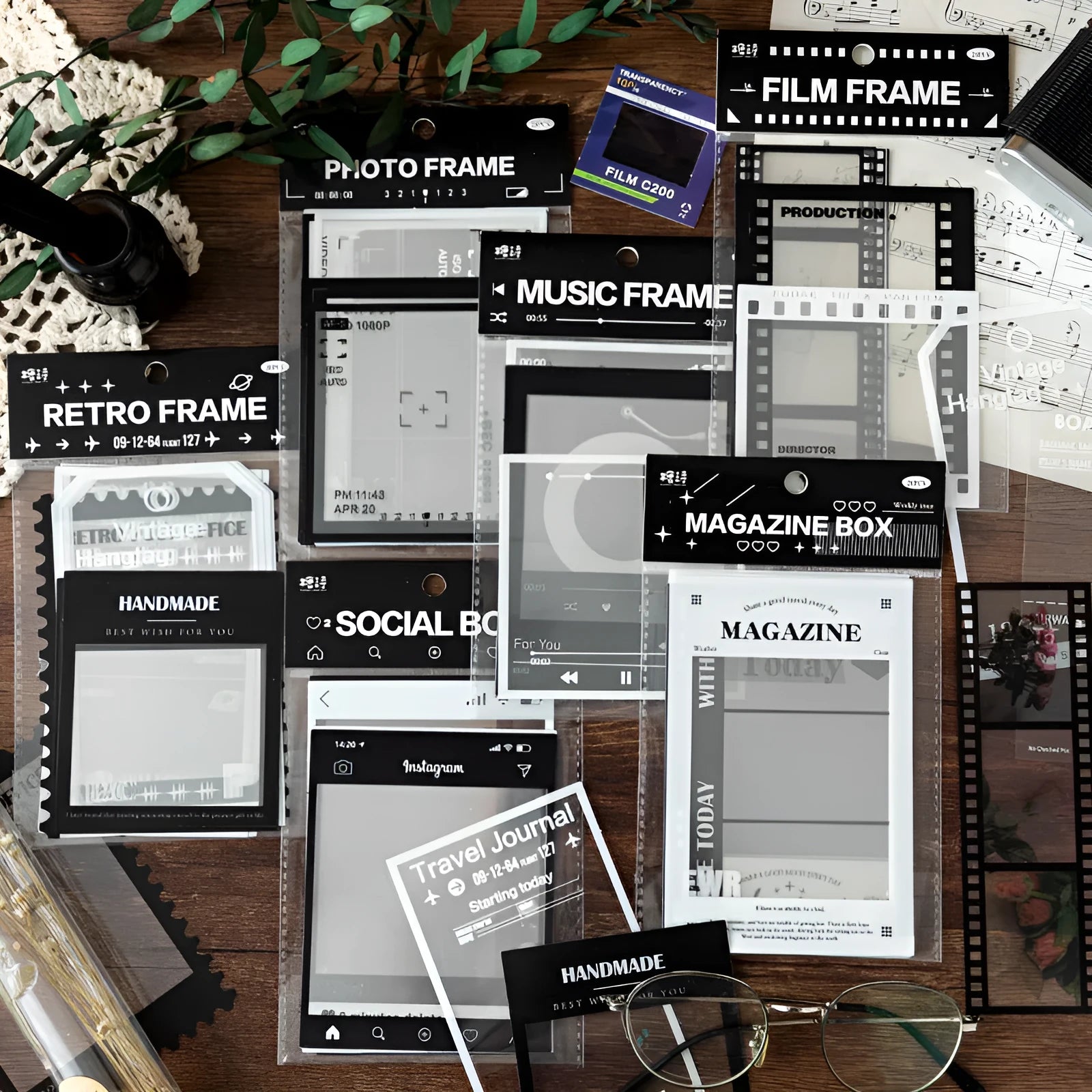 Set of 15 retro-themed frame decoration sticker sheets including photography, film, and music designs.