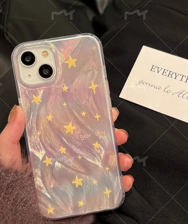 Ins laser gradient star full package hard case for iPhone 11, 12, and 12 Pro in blue tulip flowers or full stars design