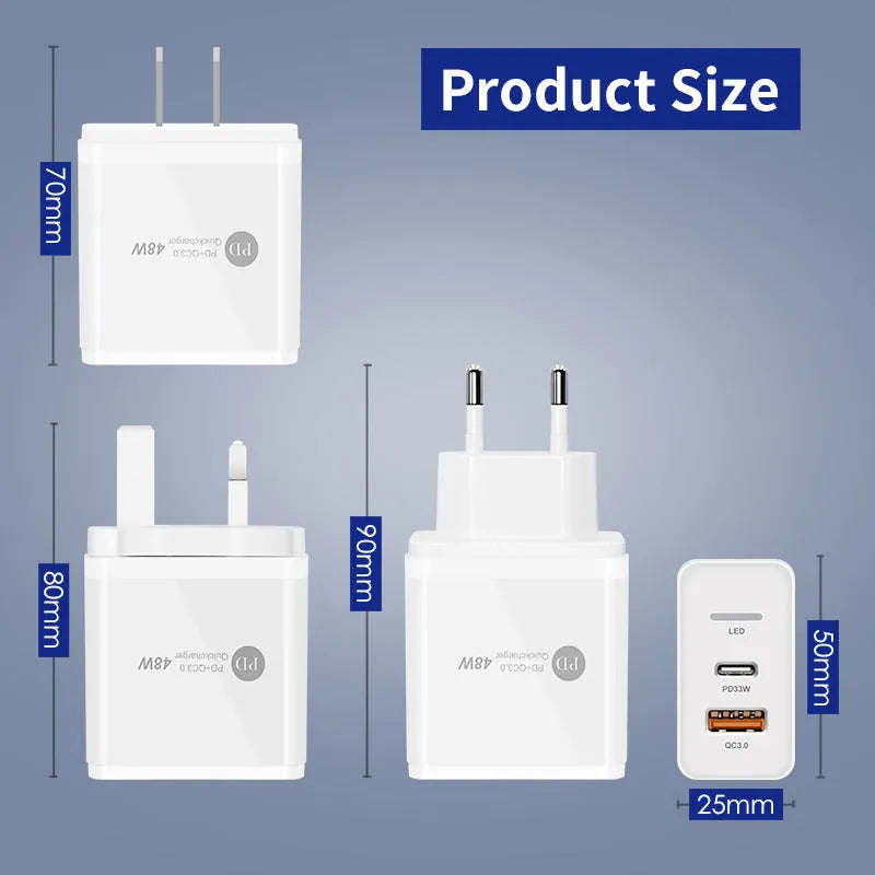PD48W travel charger with USB-C port and multiple plug variants for UK, EU and US regions
