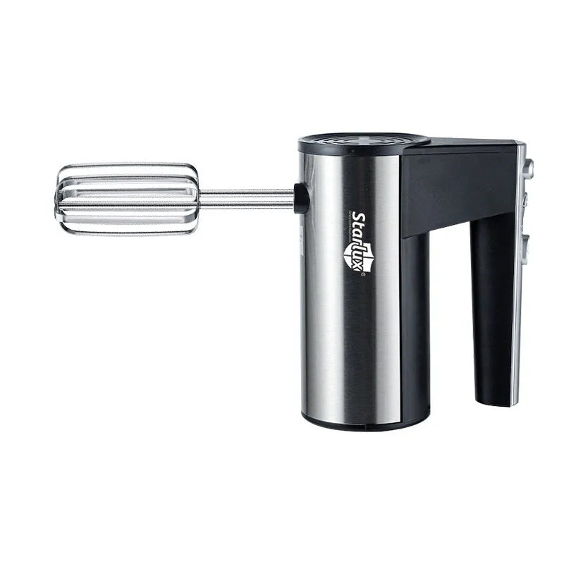 SL-25209 model silver and black 500W hand-held electric mixer with twin beaters on a kitchen worktop.