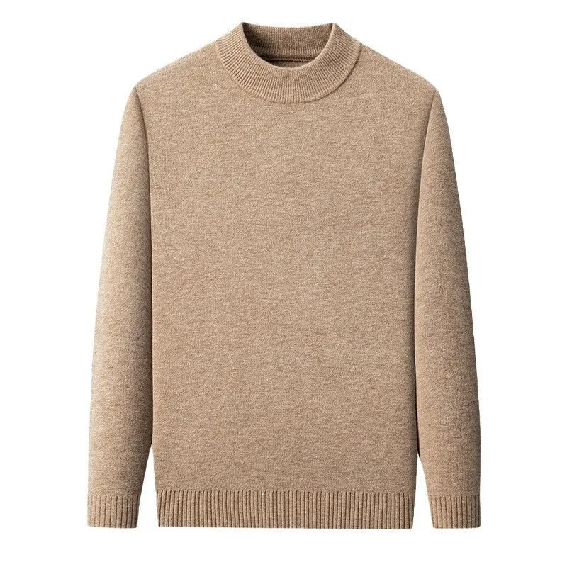 Men's fine yarn wool half turtleneck pullover sweater in a solid colour on a hanger.