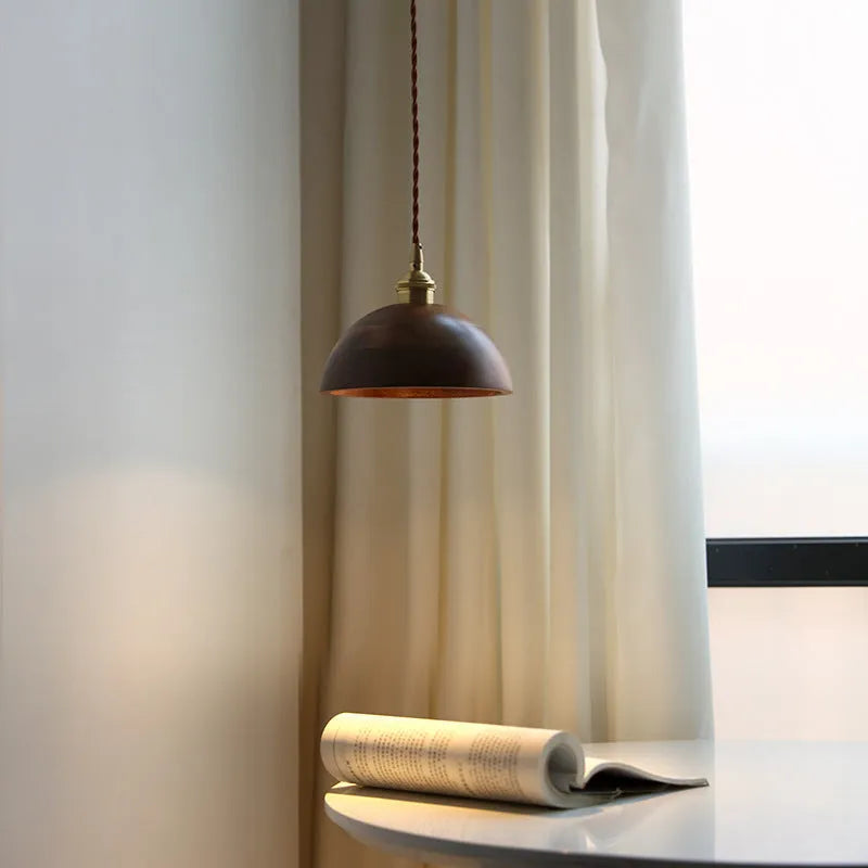 Black walnut and copper art single-head droplight chandelier with a fabric shade.