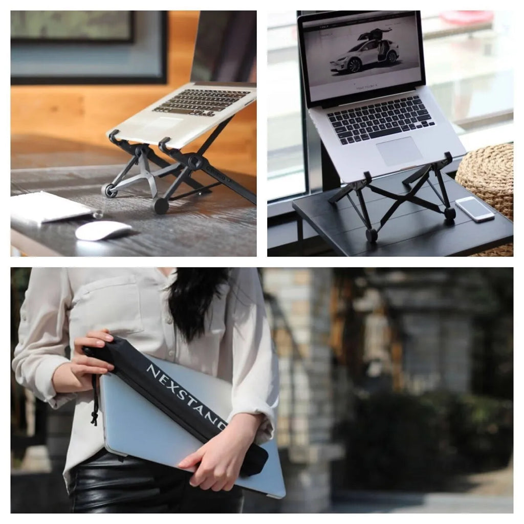 Portable folding computer bracket in sagacious black with carrying case, showing folded dimensions