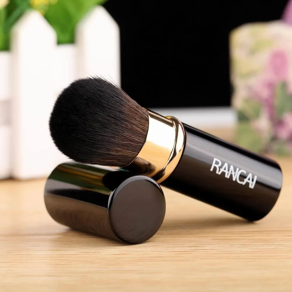 Single mini retractable makeup brush, 9cm aluminium tube, 2.3cm diameter, 3cm fibre wool bristles, black or red