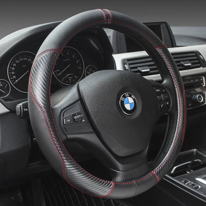 Leather car steering wheel cover for 38cm wheels, four seasons type, in black blue, black coffee, black grey or black red