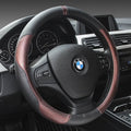 Leather car steering wheel cover for 38cm wheels, four seasons type, in black blue, black coffee, black grey or black red