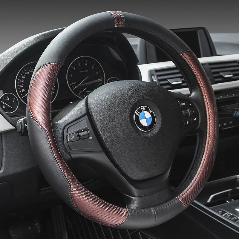Leather car steering wheel cover for 38cm wheels, four seasons type, in black blue, black coffee, black grey or black red