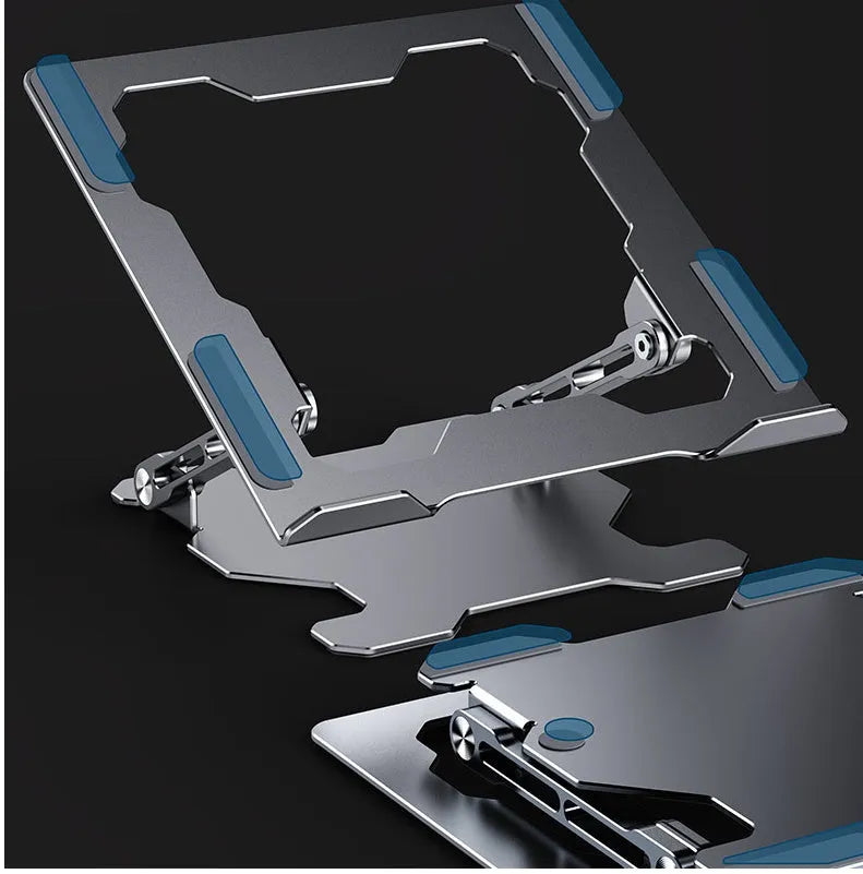 Grey adjustable aluminium laptop stand in folded and open positions on a desk.
