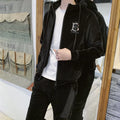 Gold velvet sports suit for men with seven-minute sleeve top and full-length trousers in casual style